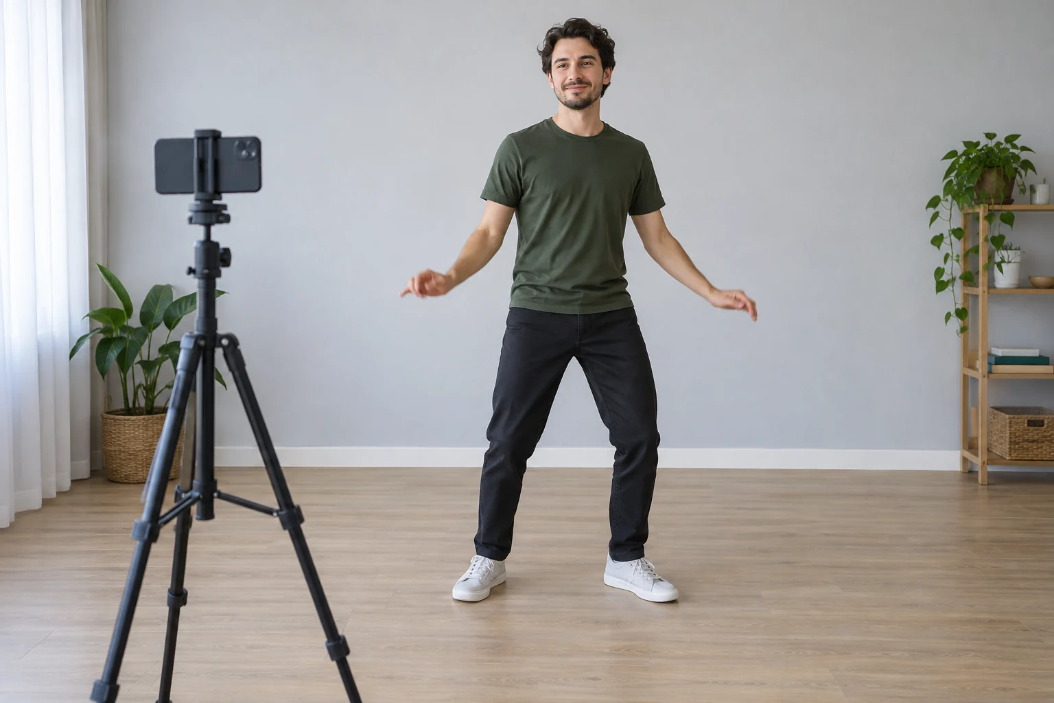 Illustrated filming setup with one full-body performer and a smartphone on a tripod