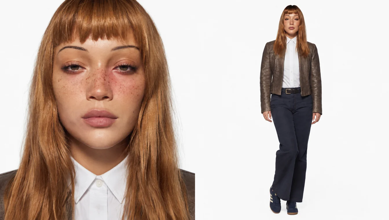 Our AI-generated fictional adult character with ginger hair and freckles, shown as a portrait and full-body view.