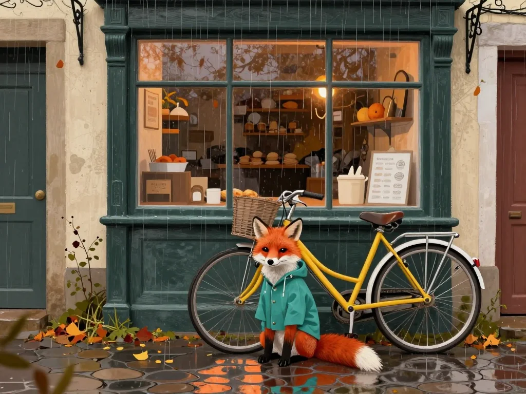 Locally generated illustration of a red fox in a teal raincoat beside a yellow bicycle outside a warmly lit bakery in the rain.