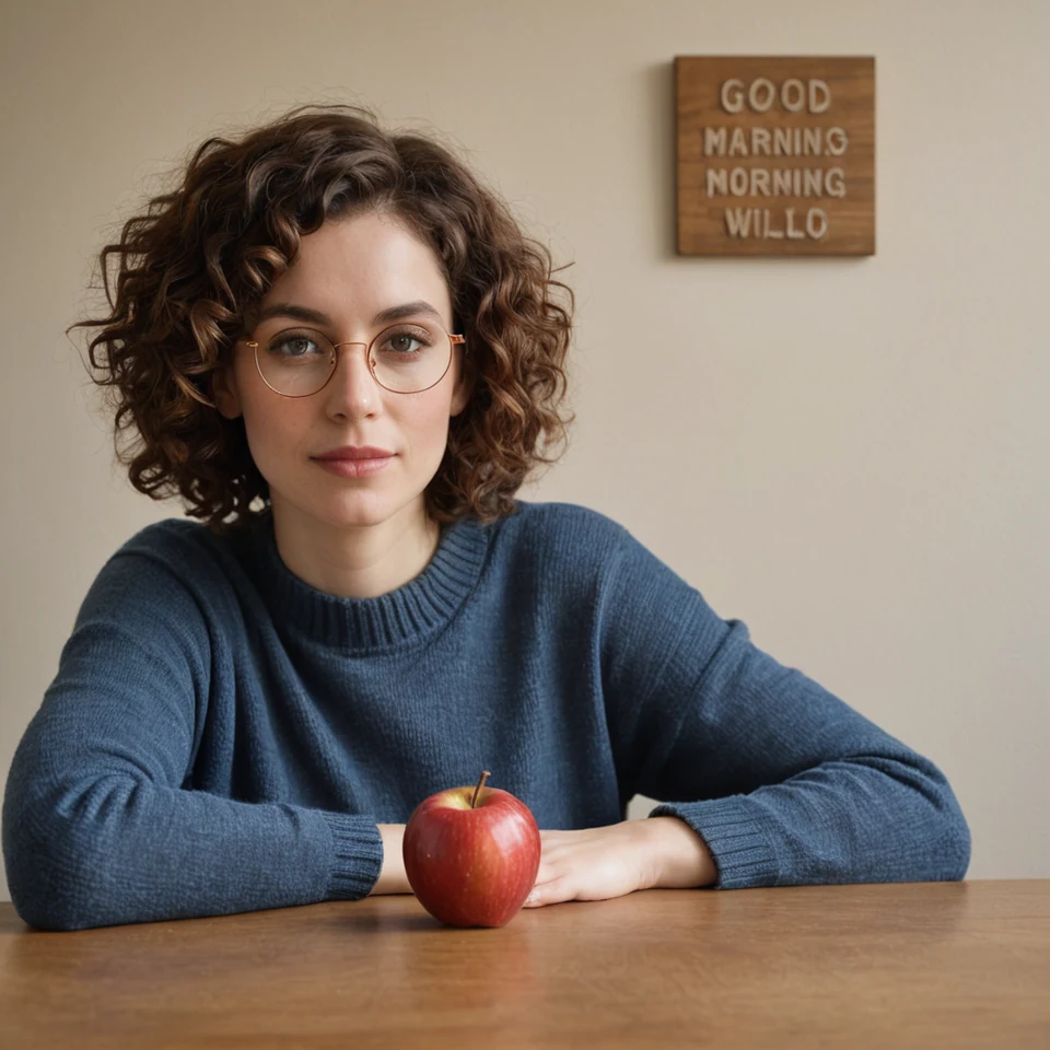 DreamShaper XL sample one: woman in a blue knitted jumper with one apple and a sign containing incorrect and extra words.