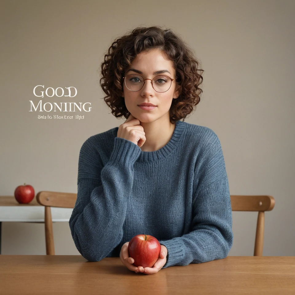 DreamShaper XL sample two: woman holding an apple, another apple in the background and incorrect GOOD MONING lettering.