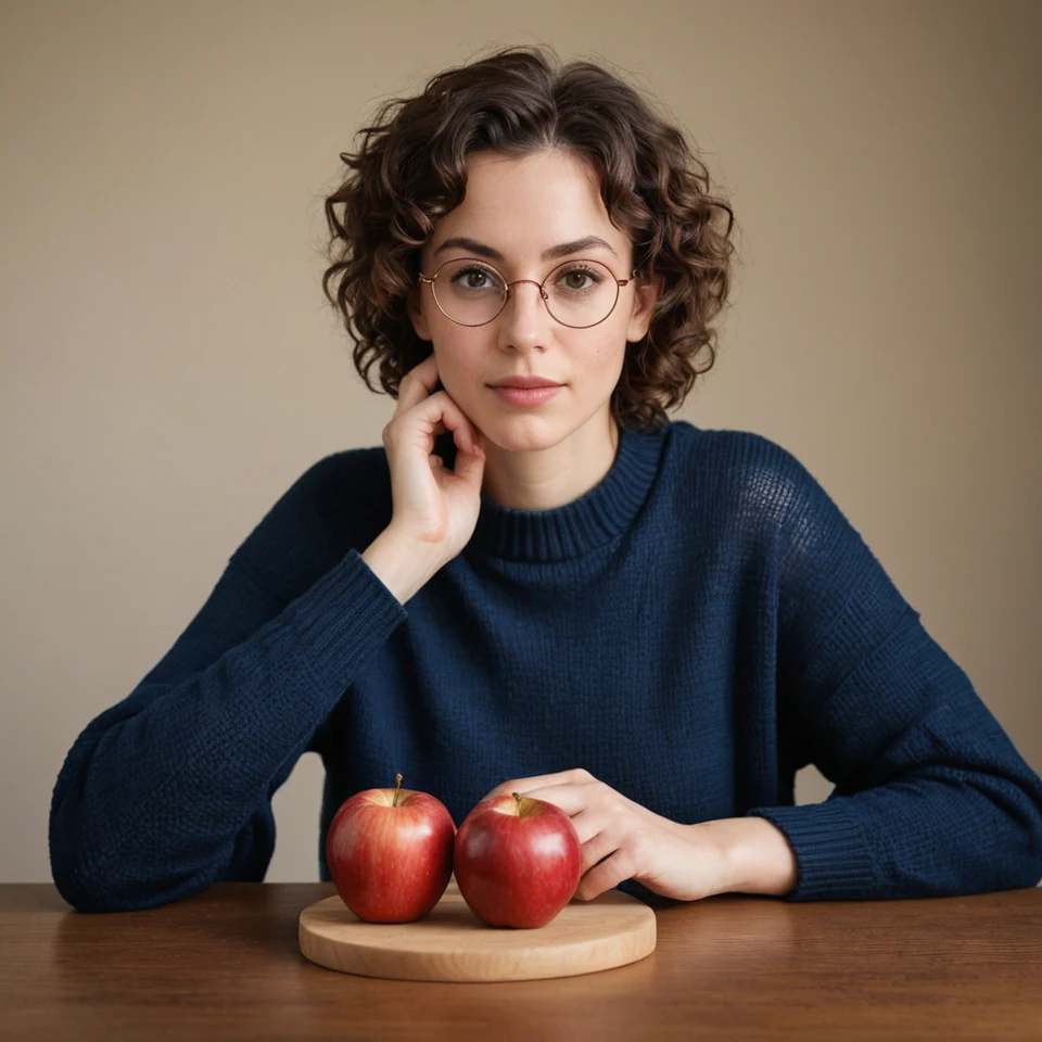 DreamShaper XL sample three: woman in a navy jumper with two apples on a cutting board, no water glass and no sign.