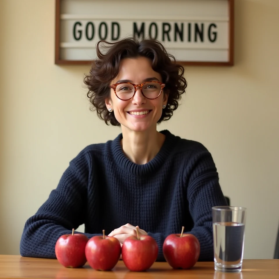 FLUX.1 dev first sample: woman in a navy jumper with four apples, one water glass and a readable GOOD MORNING sign.