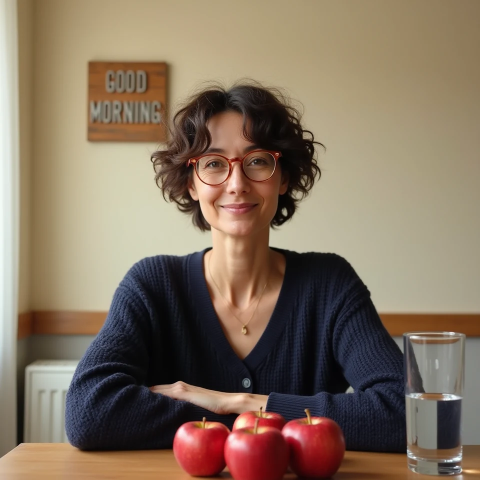 FLUX.1 dev second sample: woman in a navy cardigan with four apples, one water glass and GOOD MORNING lettering.