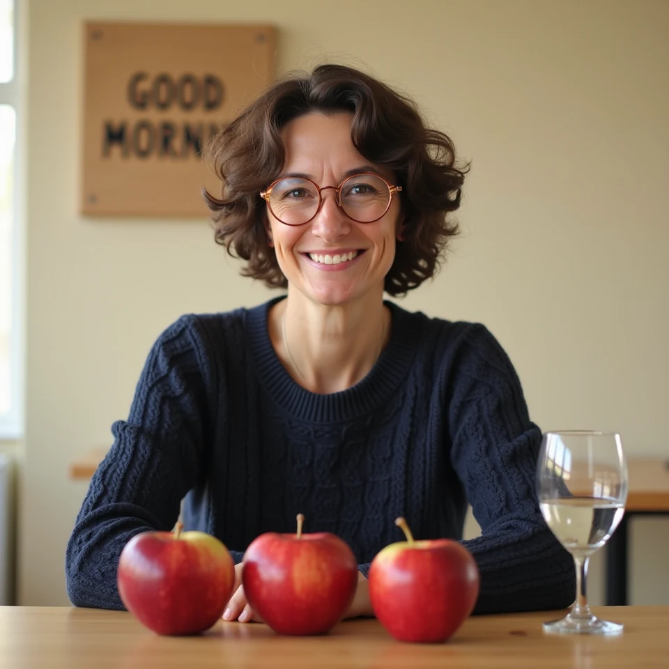 FLUX.1 dev third sample: woman in a navy jumper with three apples, a stemmed water glass and a blurred, partly hidden sign.
