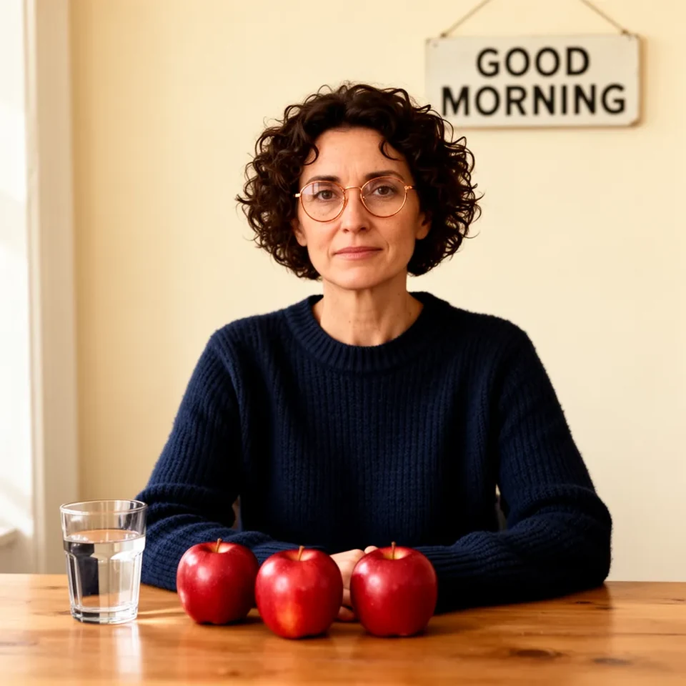 FLUX.2 dev first result: woman in a navy jumper and round copper glasses with three apples, one water glass and a clearly readable GOOD MORNING sign.