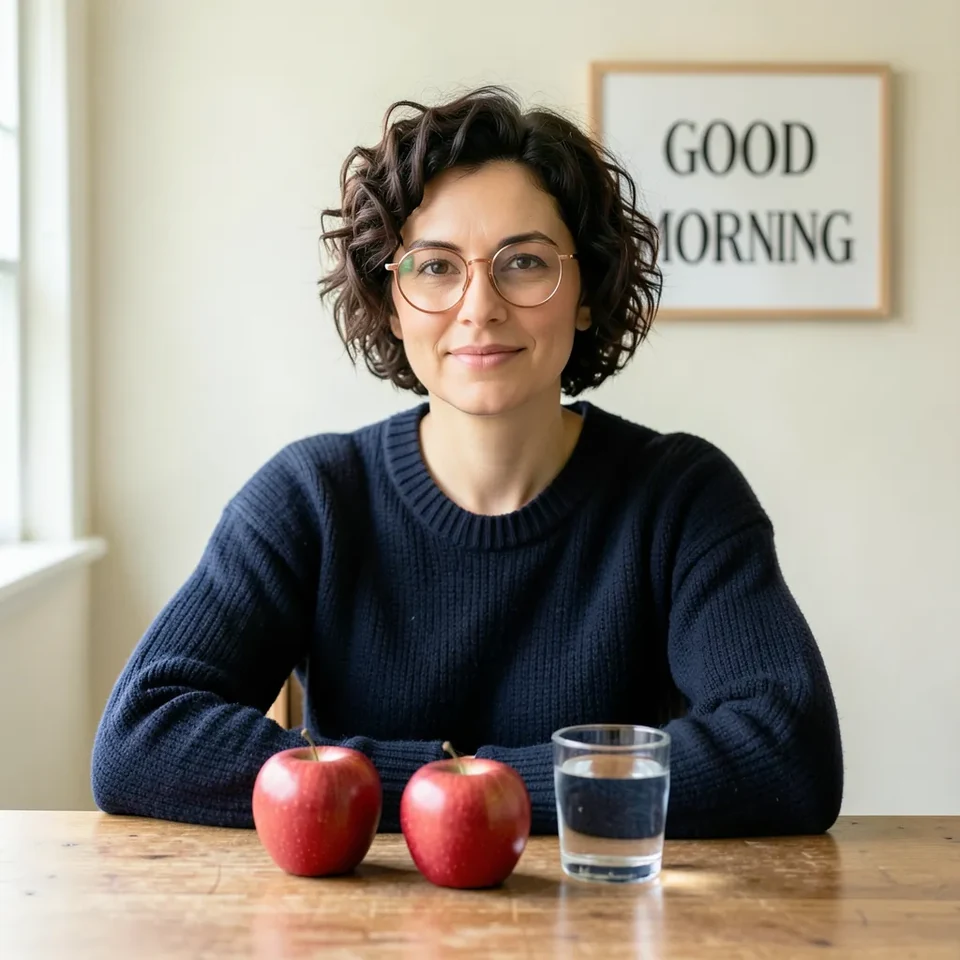 FLUX.2 Klein first sample: woman in a navy jumper with two red apples, one water glass and a GOOD MORNING sign.