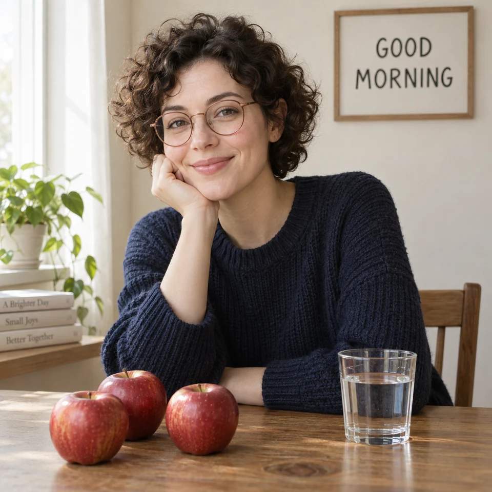 GPT Image 2 first sample: woman in a navy knitted jumper at a wooden table with three red apples, one water glass and a correctly spelled GOOD MORNING sign.