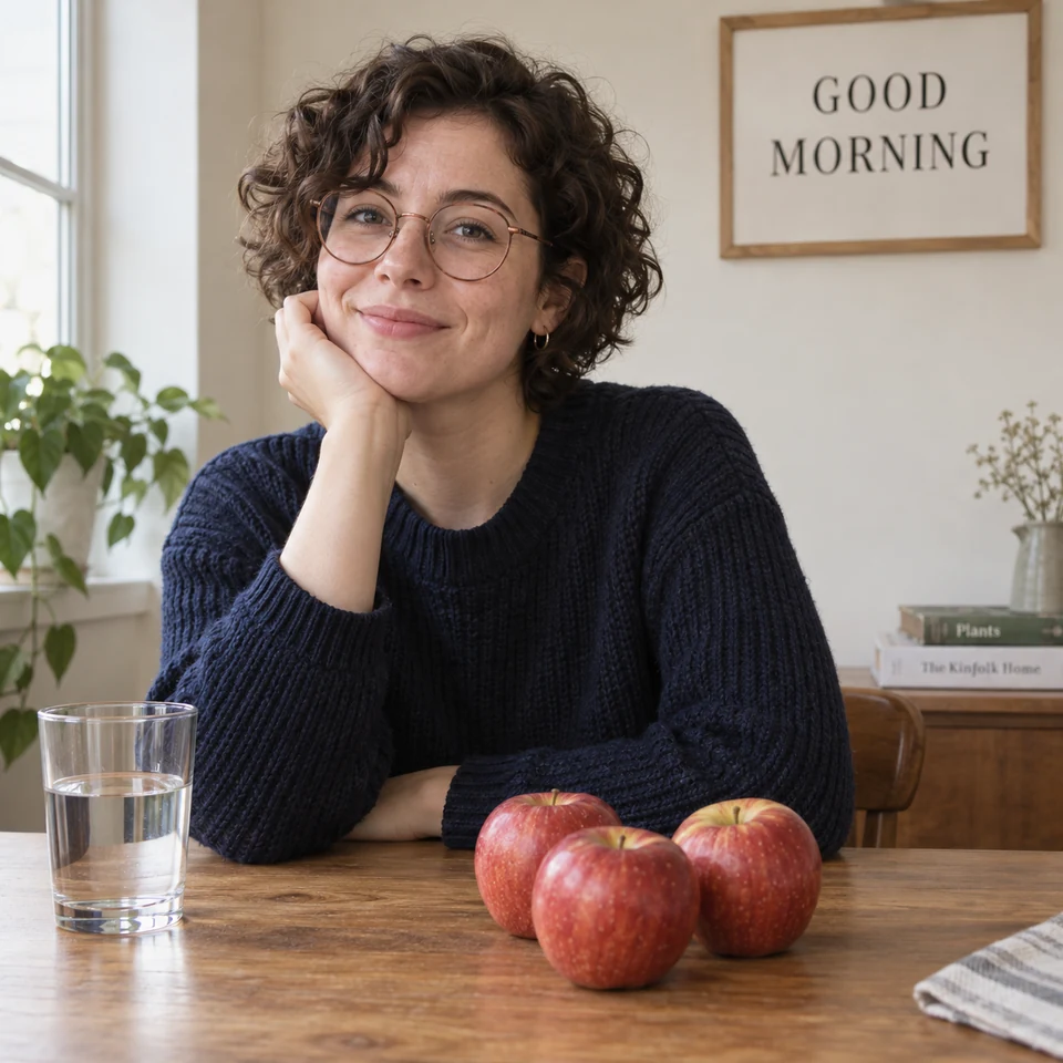 GPT Image 2 second sample: woman in a navy jumper with three red apples grouped on the table, one water glass on the left and a readable GOOD MORNING sign.