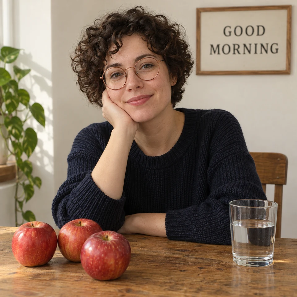 GPT Image 2 third sample: woman in a navy knitted jumper with three red apples, one water glass and a correctly spelled GOOD MORNING sign.