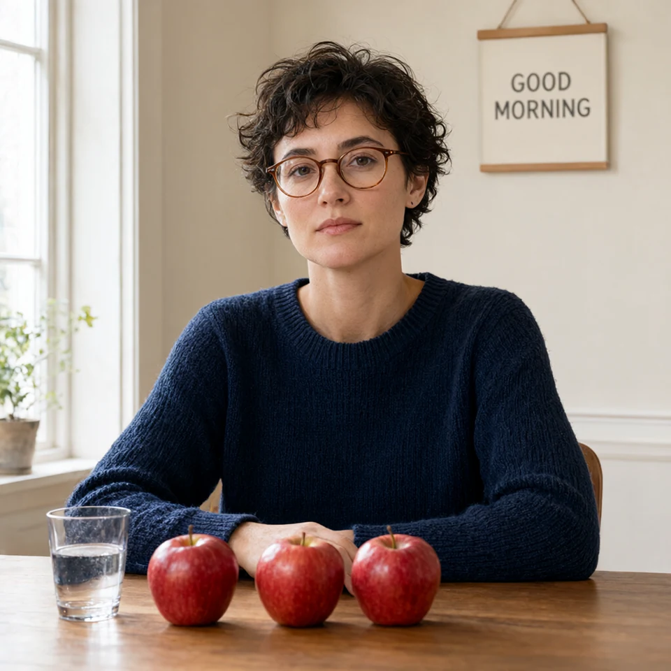 Qwen-Image 2.1 first completed result: woman in a navy jumper with three apples in a row, one water glass and a readable GOOD MORNING sign.