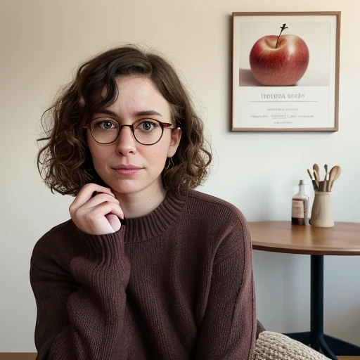 Realistic Vision sample one: woman in a brown jumper beside a framed apple poster, with no three tabletop apples or water glass.