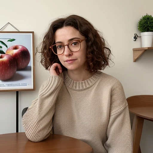 Realistic Vision sample two: woman in a beige jumper at a wooden table, with apples in a wall poster rather than on the tabletop.