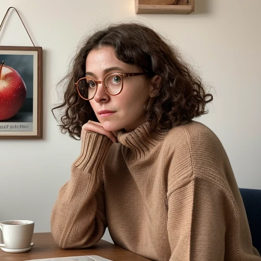 Realistic Vision sample three: woman in a beige jumper with a cup and saucer on the table and an apple poster behind her.