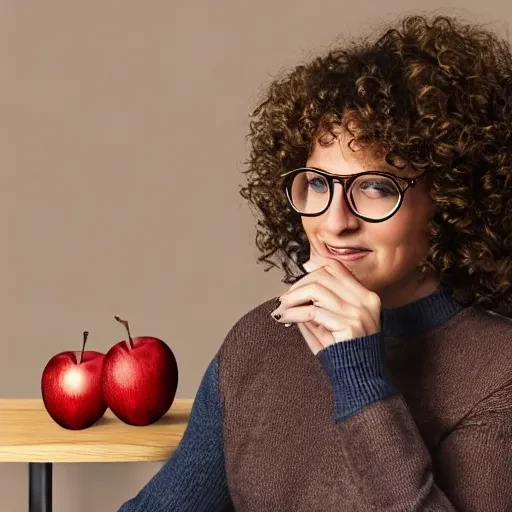 SD1.5 first result: woman in a brown and navy jumper with thick dark glasses, two apples and no water glass or wall sign.