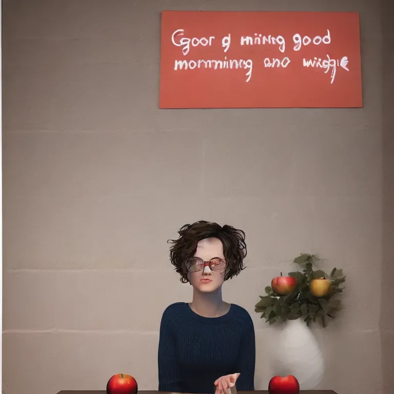 SD2.1 first result: small woman in a navy jumper below a red sign with malformed words, two foreground apples and extra fruit in a background plant.