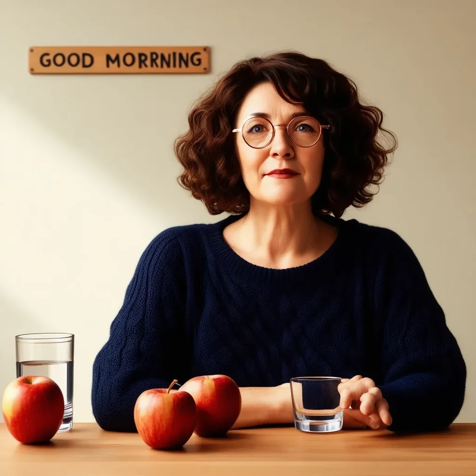 SD3.5 Medium first sample: woman in a navy jumper with three red apples, two glasses and a sign reading GOOD MORRNING.