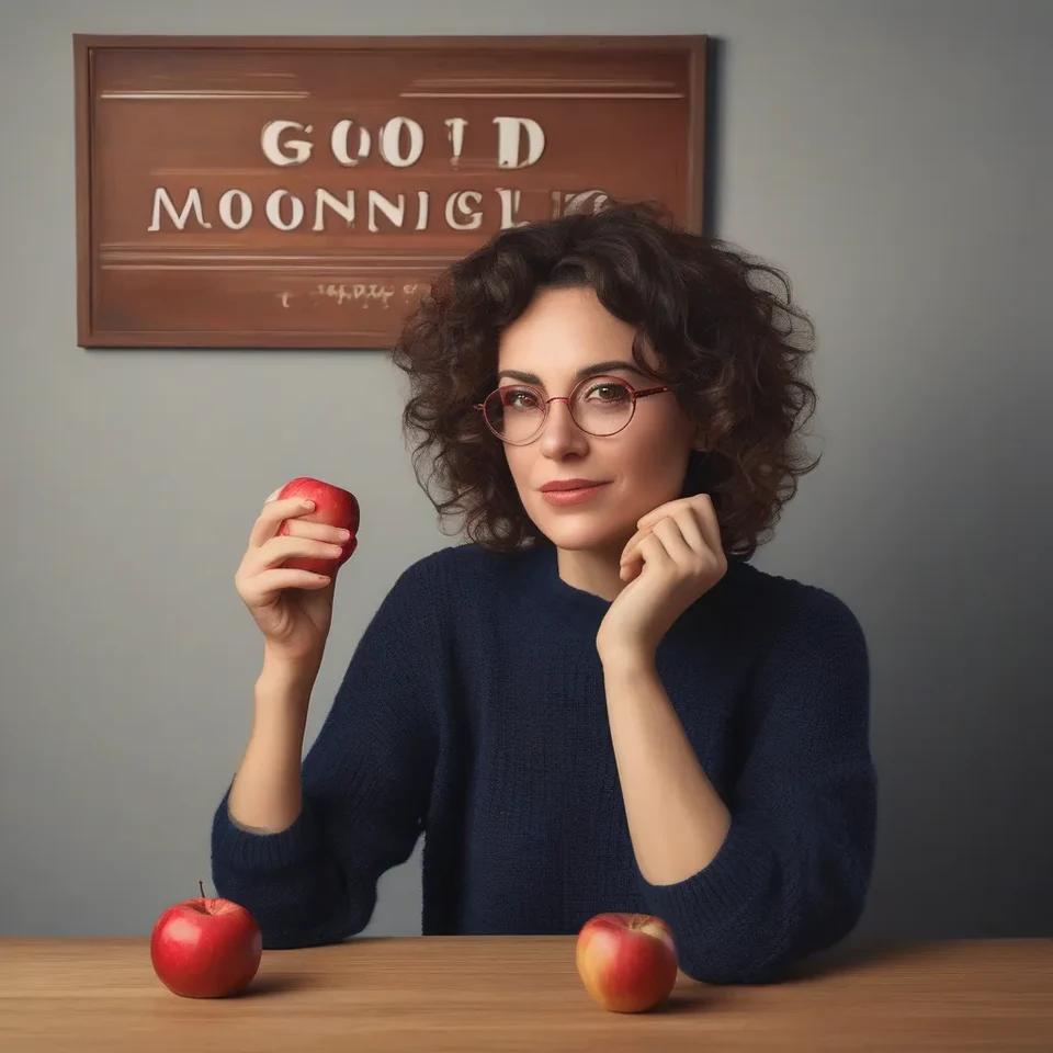 SDXL first sample: woman in a navy jumper holding one red apple, two apples on the table, no water glass and a sign with garbled lettering.