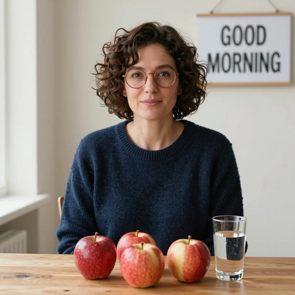 Z-Image Turbo sample one: woman in a navy jumper with four red apples, one water glass and a readable GOOD MORNING sign.