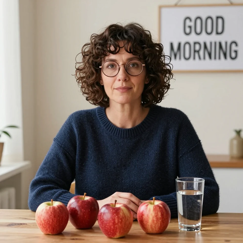 Z-Image Turbo sample two: woman in a navy jumper with four apples across the table, one water glass and GOOD MORNING lettering.