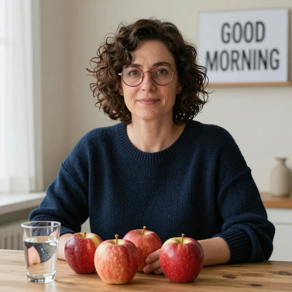 Z-Image Turbo sample three: woman in a navy jumper with four apples, the water glass on the left and GOOD MORNING lettering behind her.