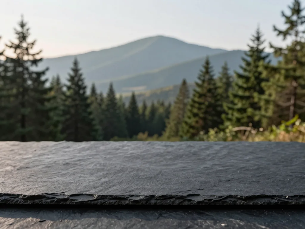 Stage two: locally AI-generated empty slate surface with a softly blurred forest and mountains behind it.
