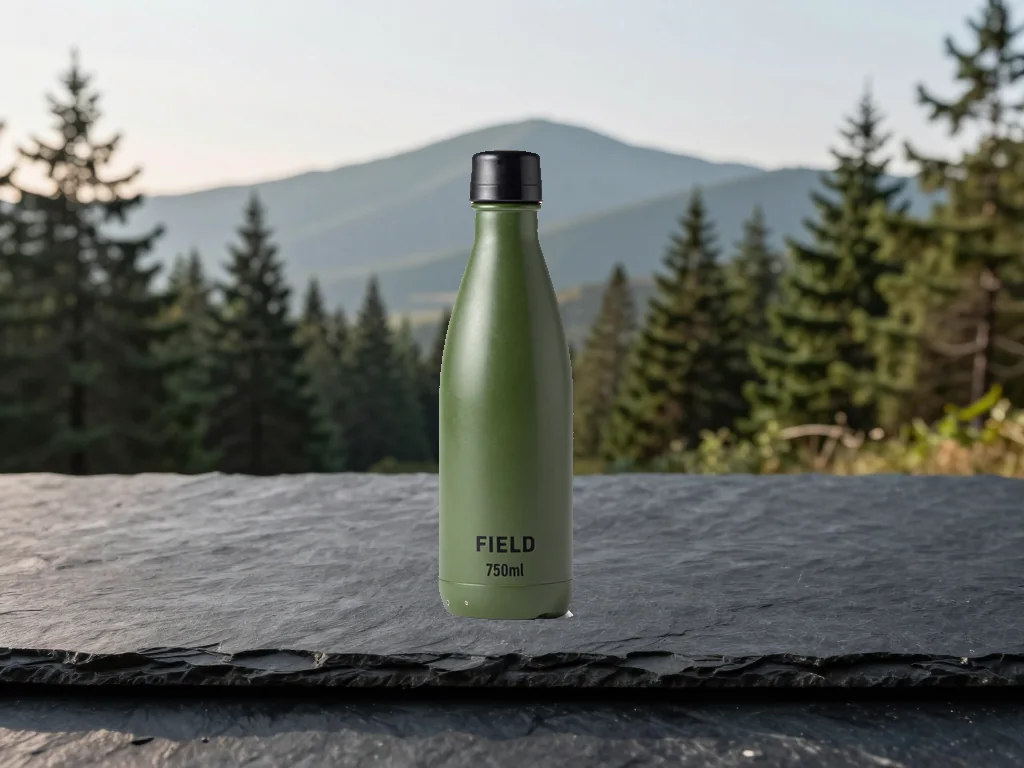 Before refinement: the fictional FIELD bottle has a hard, visibly jagged cutout edge against the generated forest background.