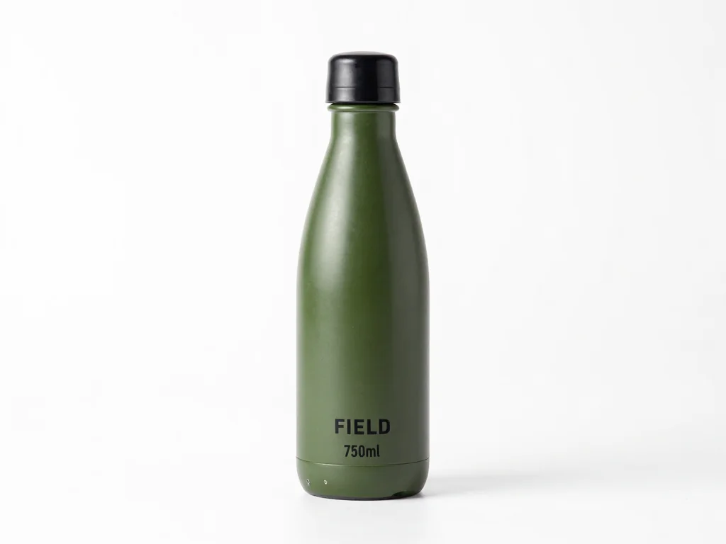 Stage one: our locally AI-generated fictional olive bottle with FIELD and 750 ml lettering, on a white background.