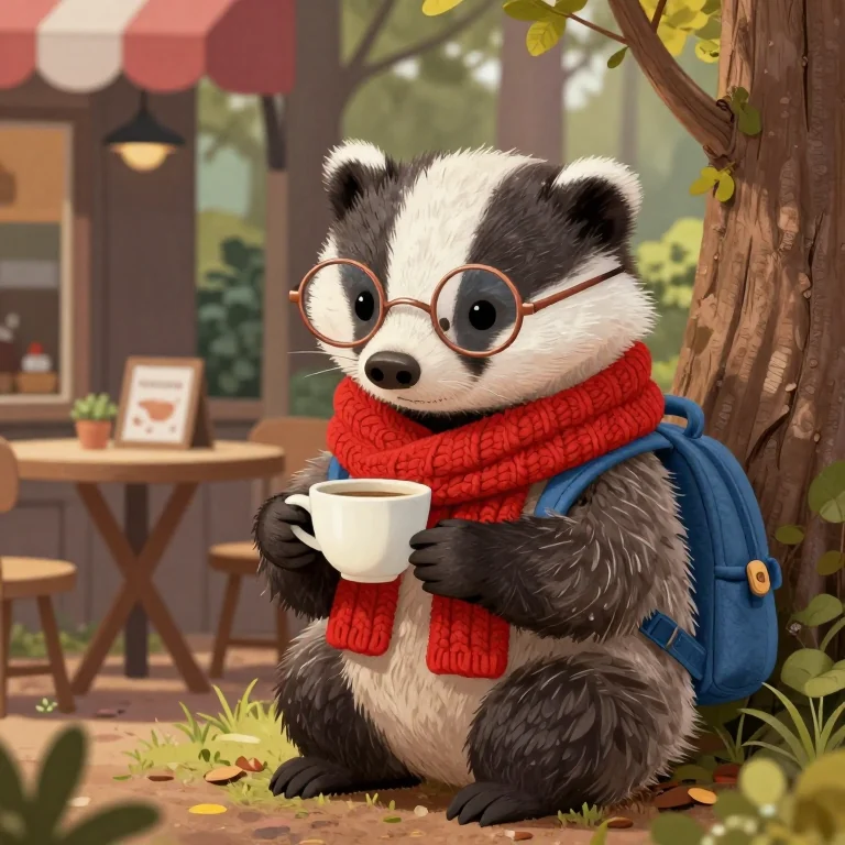Badger with round glasses, red scarf and blue backpack holding a cup outside a cafe.