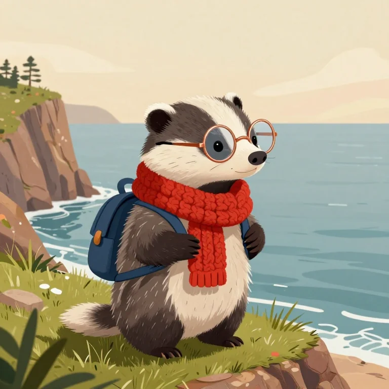A separately prompted badger in similar clothes on a coastal cliff; its face and proportions differ.