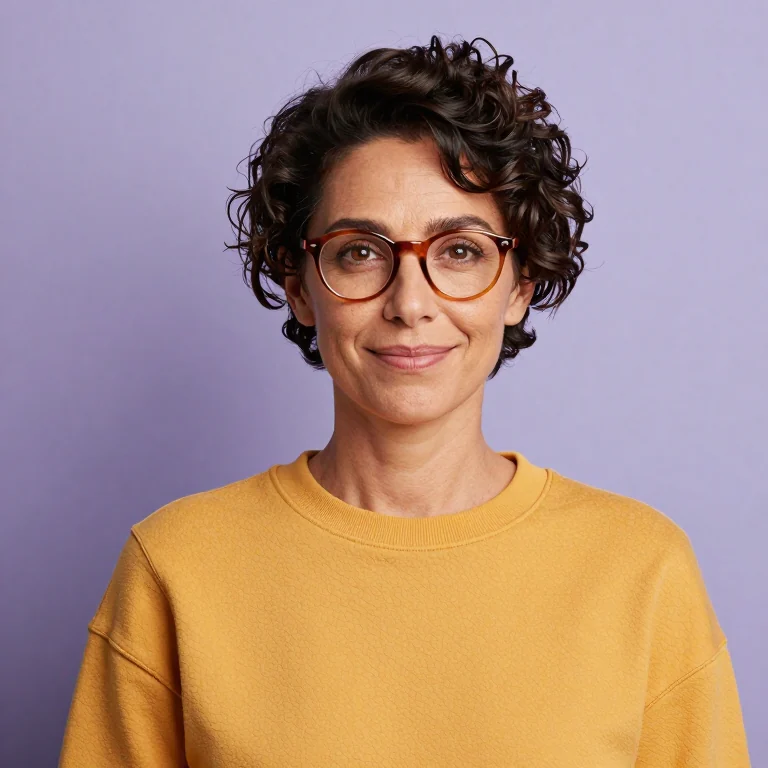Fictional adult portrait with curly brown hair, glasses and a mustard top.