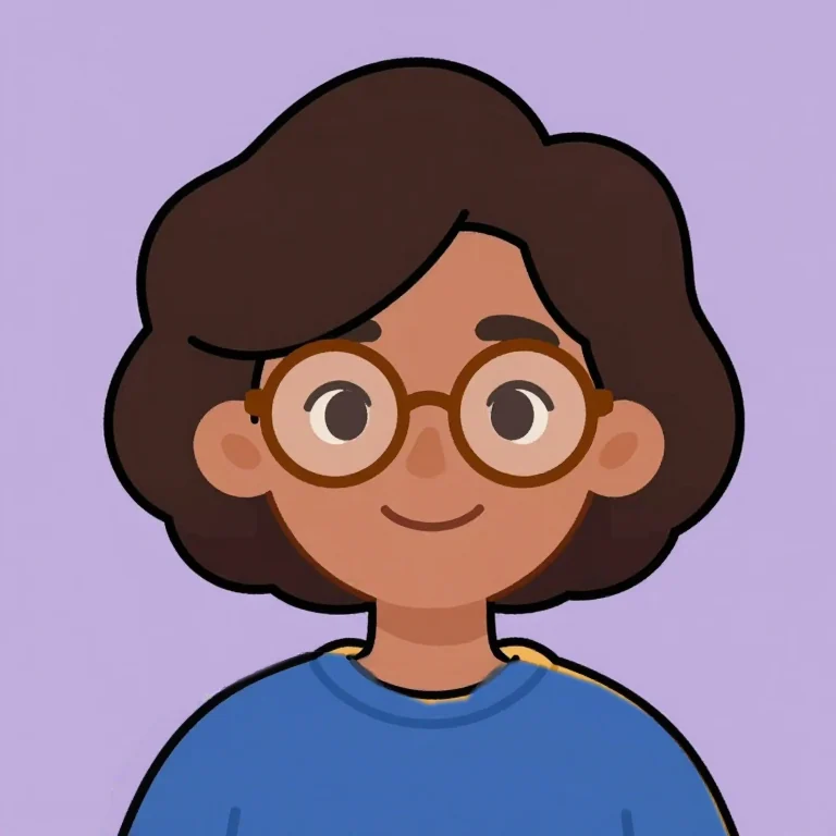 Cartoon adaptation with glasses and a blue top, with small mustard collar remnants.