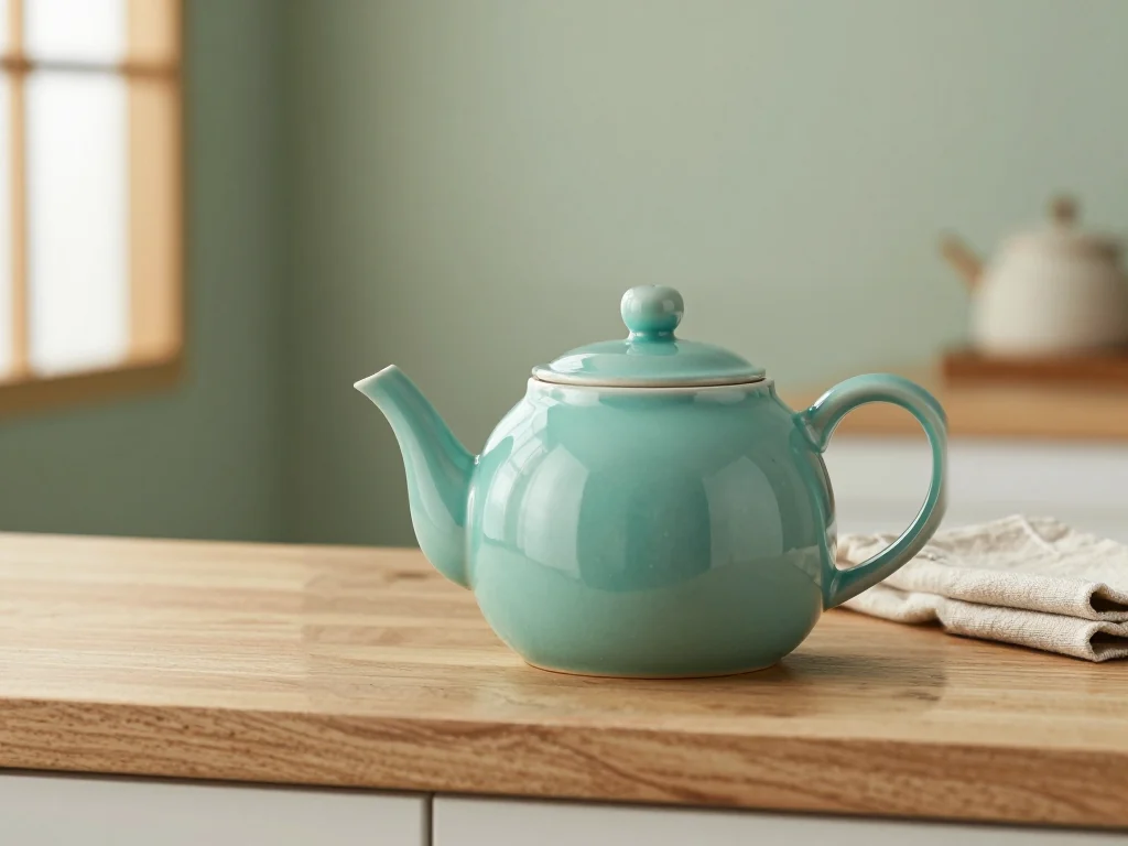 Turquoise replacement teapot in the same kitchen scene.