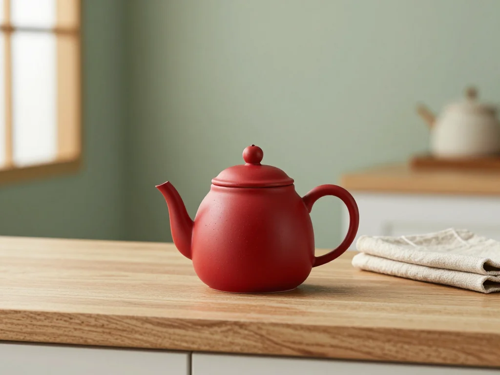 Red ceramic teapot on an oak counter.